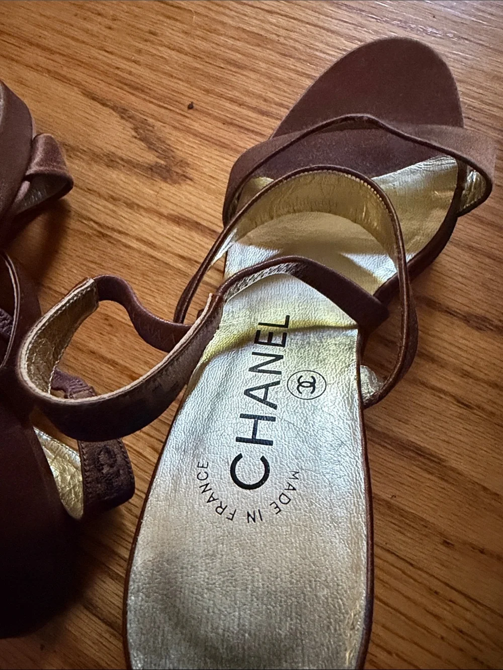 CHANEL Brown Suede Block Heel Sandals